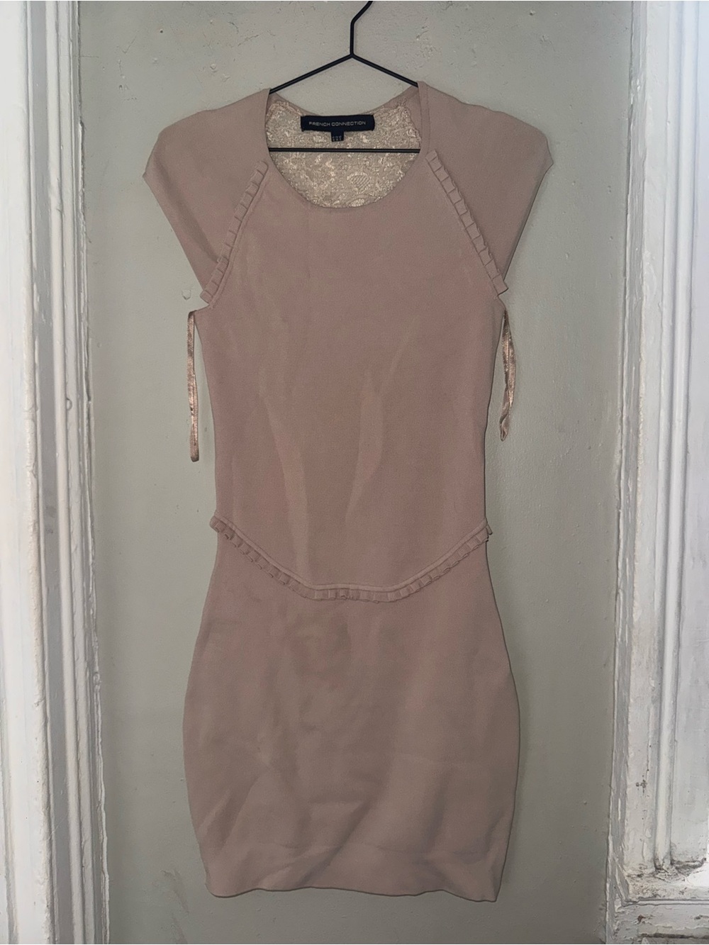 French Connection Lace Back Bodycon Mini Dress | Size 6 | Taupe/Blush